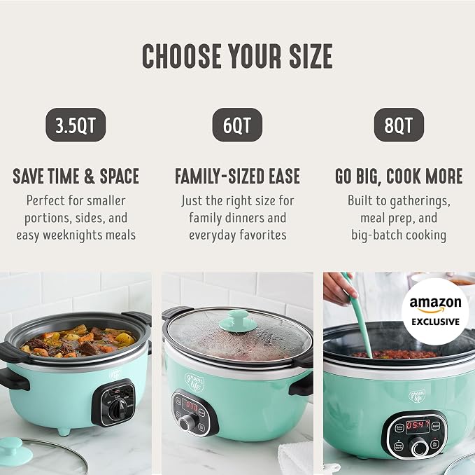 GreenLife 6QT Ceramic Slow Cooker, PFAS-Free, Programmable, Removable Healthy Nonstick Pot for Family Meals, Sear on Stovetop, Keep Warm, Digital Timer, Dishwasher Safe Crock, Turquoise
