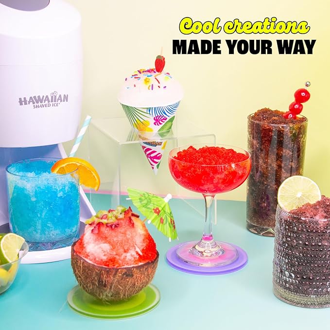 Hawaiian Shaved Ice Syrup Assortment with 6 - 16oz Bottles, 50 Snow Cone Cups, Spoon Straws, and Pouring Spouts. Flavors: Tiger’s Blood, Pina Colada, Blue Raspberry, Grape, Cherry, Lemon-Lime