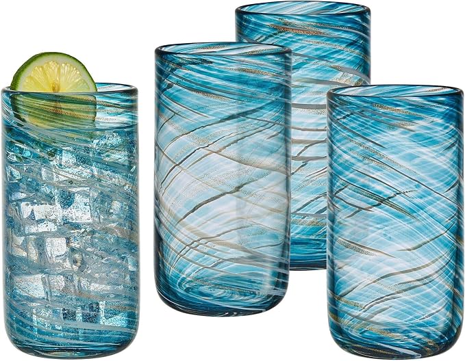 Mikasa Color Swirl Highball Tumbler Cups, Set of 4, Blue