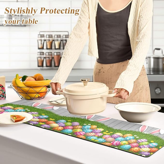 Easter Trivet Table Runner 40 Inches Long Rabbit Bunny Colorful Eggs Heat Resistant Hot Pad Multi Purpose Mat for Hot Pots Pans Kitchen Countertops