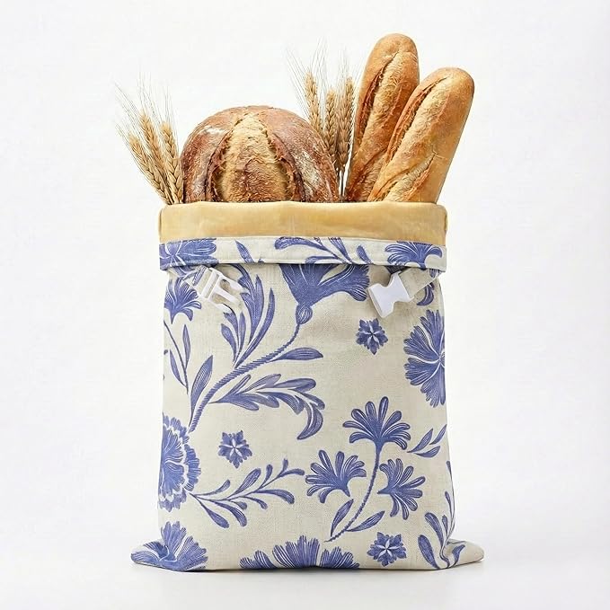 Beeswax Bread Bags for Sourdough & Homemade Bread (2 Pack), XL 13"x17" Large Reusable Cotton & Linen Bread Bag, Keep Loaves Fresh Longer, Natural & Easy to Clean (Classic Blue Floral)