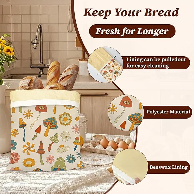 Bread Bags for Homemade Bread- Vintage Mushrooms 2 Pack Linen and Beeswax Sourdough Storage Bags, Reusable Keeper, Keeps Breads Fresh Longer, Gifts for Bakers