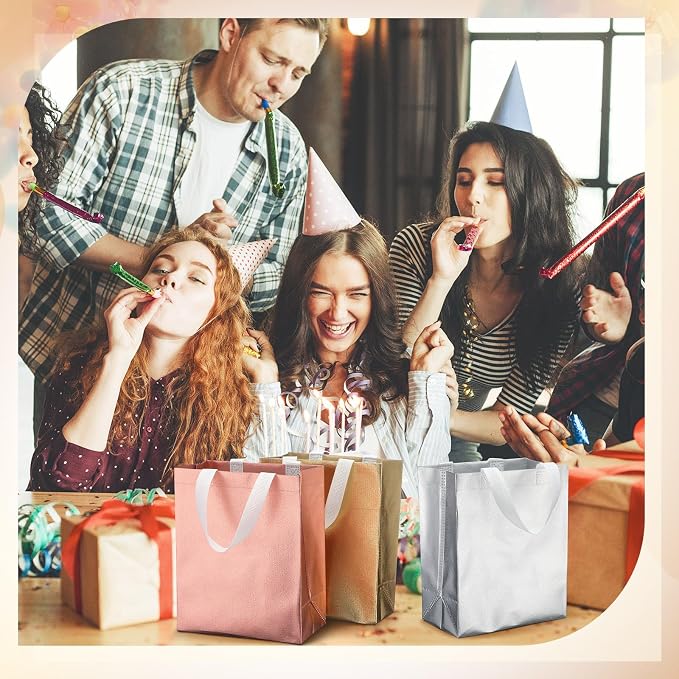 Eccliy Reusable Gift Bags Set Glossy Grocery Gift Tote Bag with Handle for Wedding, Bridal Shower, 4th of July, Summer Event(10 x 8 x 4.7 Inch,Gold,Silver,Rose Gold,80 Pcs)