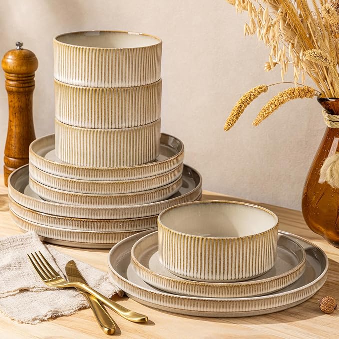 GBHOME Stoneware Dinnerware Sets for 4, 12 Pieces Lightweight Ceramic Ribbed Plates and Bowls Set, Reactive Glaze Stackable Plate Sets, Scratch Resistant Dishes, Microwave & Dishwasher Safe,Cappuccino