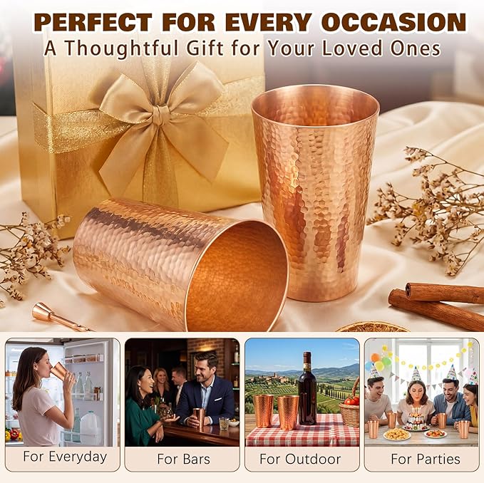 Willinglong 2 Pcs 100% Pure Copper Cup Tumblers 25 oz 18.5 oz Handcrafted Hammered Copper Cups, Ayurvedic Health Benefits Drinking Vessel for Family Health Water, Cocktails, Iced Tea Glasses(Threaded)