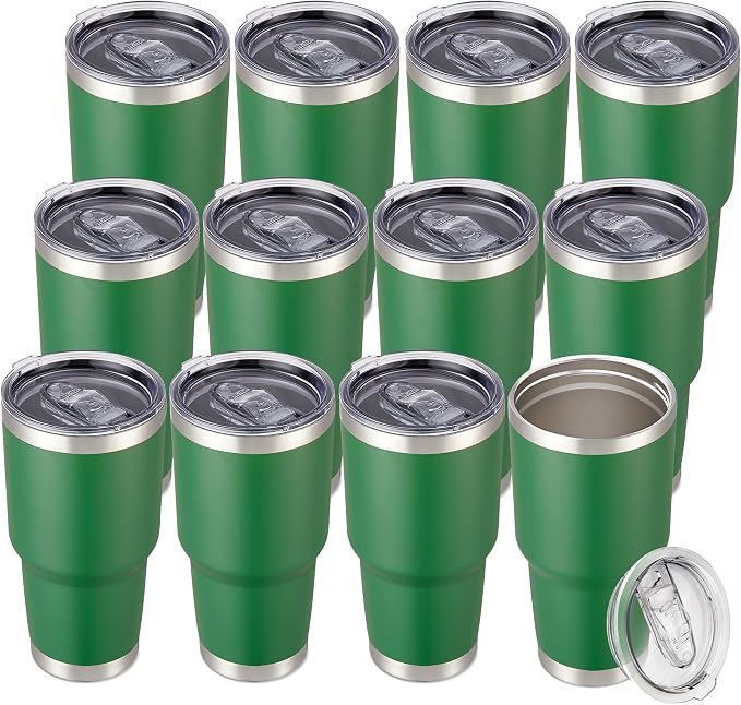 30 oz Tumbler with Lid Stainless Steel Tumblers Bulk Vacuum Insulated Cup Reusable Powder Coated Travel Mug Double Wall Leak Proof Cups Keep Cold Drinks for 12 Hours Dark Green, Set of 12