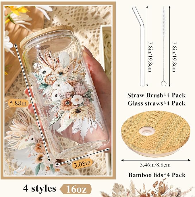 Mumufy 4 Pack Wildflower Glass Cups Gift Aesthetic Cute Glass Cup Tumbler Flower Iced Coffee Mugs 16 oz with Bamboo Lid & Straw, for Wedding Birthday Bridesmaid Mom Baby Shower