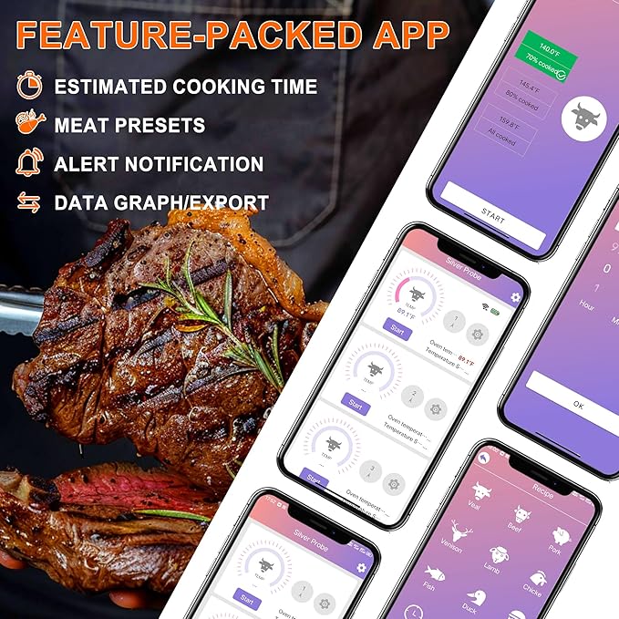 Smart Wireless Meat Thermometer with Ultra-Thin Probe | Long Range Cooking Thermometer with App for Remote Monitoring of BBQ, Grill, Kitchen, Smoker, Rotisserie