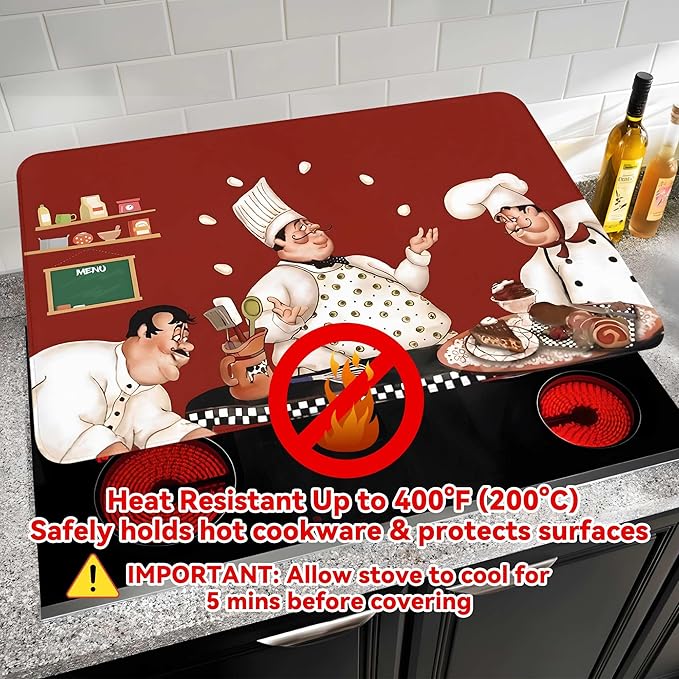 Decorative Stove Top Covers for Electric Stove 28"x20" – Heat Resistant Glass Cooktop Protector Dish Drying Mat – Non-Slip Rubber Backing Washer Top Cover Waterproof Extra Counter Space (Chef)