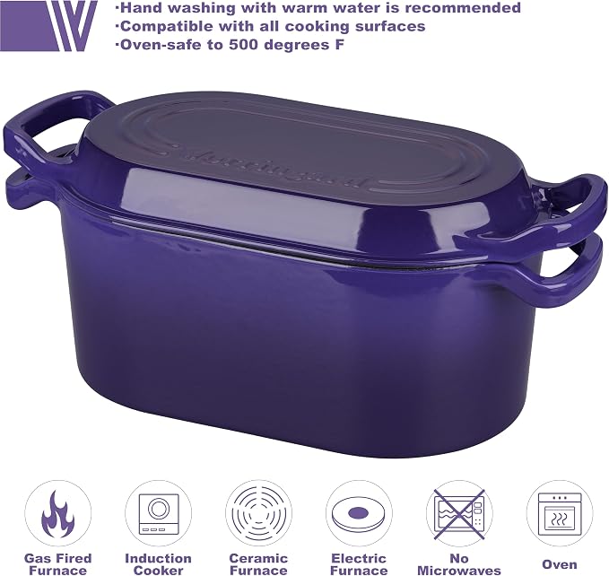 VORRINGARD Oval Dutch Oven Pot with Lid, Enamel Coating Cast Iron Bread Pans for Homemade Sourdough Bread Baking, Cooking, 4 Quart, Purple