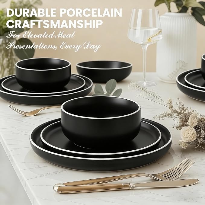 Plates and Bowls Sets,12 Pieces Round Porcelain Dinnerware Sets,Dishes, Plates, Dishware Sets,Chip Resistant Ceramic Dish Set Dining Dinner Ware Service for 4