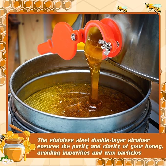 7 Pcs Honey Harvesting Kit, 5 Gallon Honey Bucket with Gate, Double Sieve Stainless Steel Strainer, Supports, Uncapping Fork, Scraper Knife, Filter Bag for Honey Extractor Beekeeping Supply