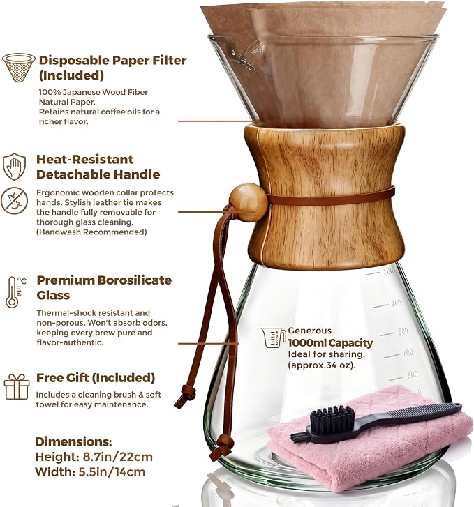 AGOGO Pour Over Coffee Maker Glass with 50pcs Paper Filters -for Home, Office, Camping, Cafes - Easy Clean Coffee Dripper Set (Soft Towel&Brush)(34oz Slim Shape w/Paper Filters)