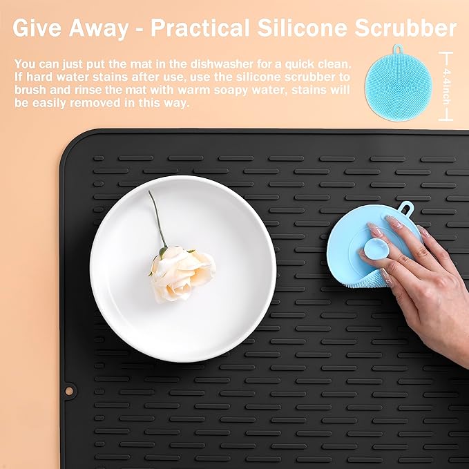 Extra Large 30 x 24 Inch Silicone Dish Drying Mat for Dish Drying Rack, Easy Clean Silicone Drying Mat for Kitchen Counter, Non-Slip Dishes Drain Mat, Heat Resistant Silicon Dish Matt, Black, SAPID