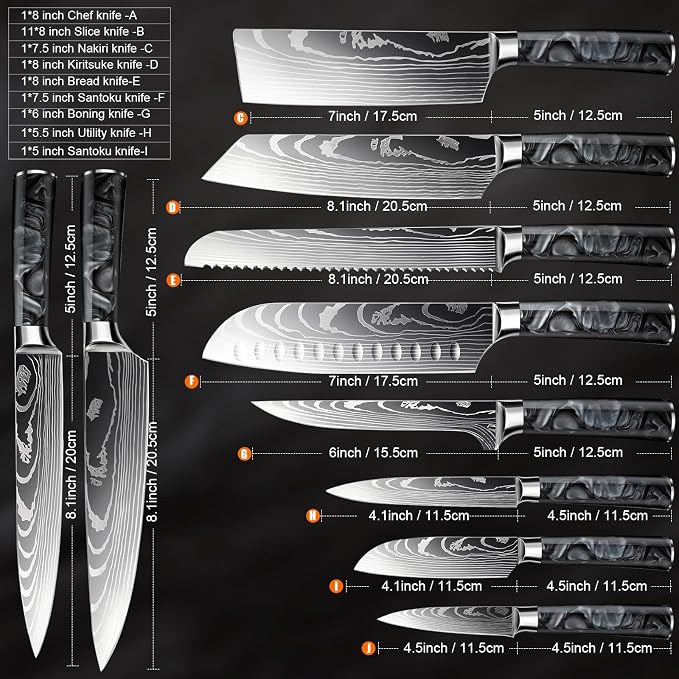 8-Piece Premium Japanese Kitchen Knife Set - Star Collection, Laser Damascus Pattern, 440A Stainless Steel Ultra Sharp for Fast Cutting (Black 8J)