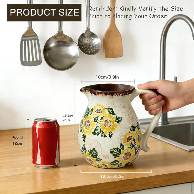 Ceramic Utensil Holder for Kitchen Counter, 6.1 Inch Modern Farmhouse Rustic Cooking Utensil Holder for Countertop Home Decor, Vintage Utensil Organizer Crock for Cooking & Spoon Tools (Sunflower)
