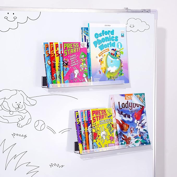 NiHome Clear Magnetic Acrylic Book Shelves 2-Pack, 17'' for Whiteboard, Classroom and Fridge Storage, Sleek Design for Large Picture Books and File Holders, Holds up to 8.5 lbs