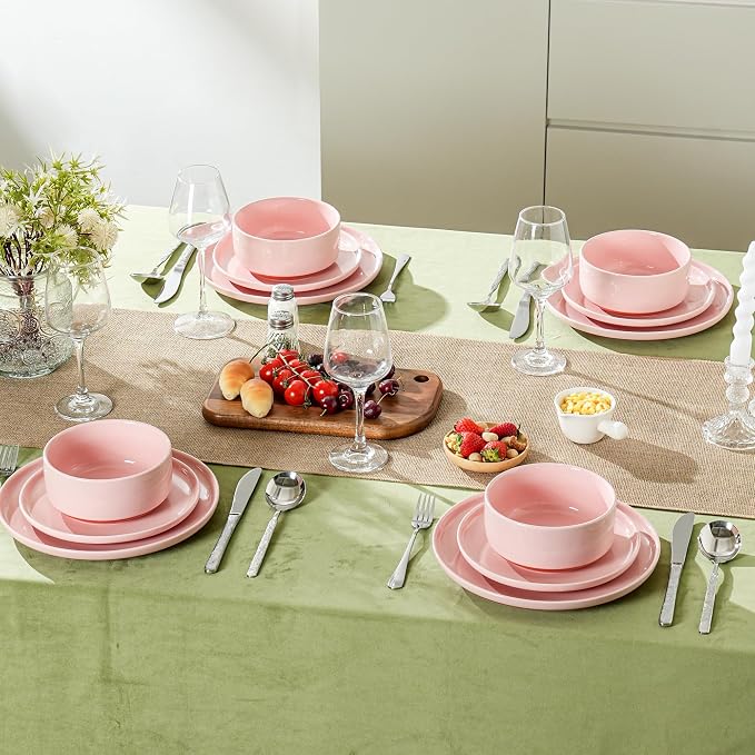 6 Piece Ceramic Plates and Bowls Sets for 2, Elegant Pink | Stoneware Dinnerware Set, Dishwasher & Microwave Safe, Handcrafted, Perfect for Family and Gatherings