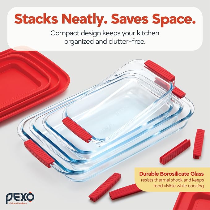Pexo 8 Piece Glass Baking Dish Set with Plastic Lids, With Silicone Handles for Easy Grip (1.06QT, 1.69QT, 2.32QT, 3.17QT), Clear Glass Casserole Dishes for Oven, Airtight Lids, Glass Bakeware, Freezer, Oven, and Dishwasher safe (Red)