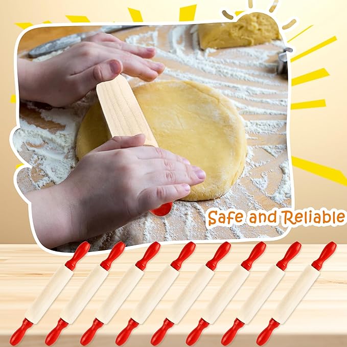16 Pcs 8 Inch Mini Wooden Rolling Pins Small Wood Rolling Pin Wooden Roller with Red Handle for Kitchen Baking Pastry Cake Cookie Chef Role-playing Game