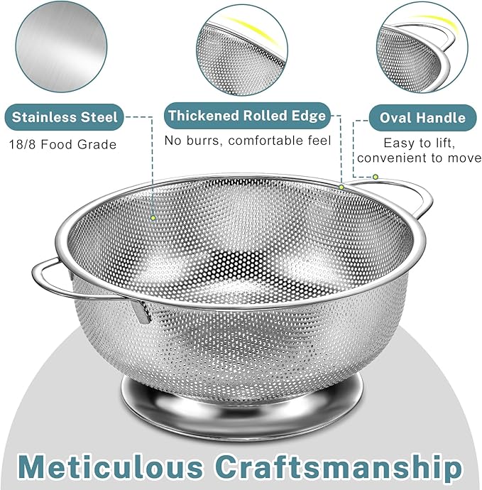 Pleafind 18/8 Stainless Steel Colander for Kitchen - 5 qt and 3 qt, Rapid-Flow Strainers and Colanders with Handle, Pasta Strainer with Sturdy Base for Stable Use, Rust-Resistant & Dishwasher Safe