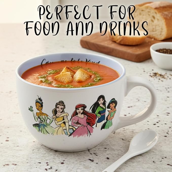 Silver Buffalo Disney Princess Tiana Ceramic Soup Mug, 24oz | Belle, Ariel, Mulan, Jasmine, Aurora, Merida, Cinderella, Moana, Courage to be Kind artwork, Includes large handle