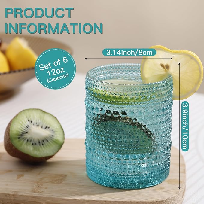 JOVGANK Mint Green Vintage Hobnail Drinking Glasses Set of 6, Embossed Water Tumbler 12oz, Kitchen & Bar Beaded Glass Cups, Beverage Glass Cups for Water, Beer, Juice, Housewarming