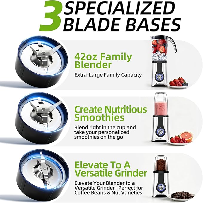 Blender and Food Processor Combo, Small Smoothie Blender with Grinder & Meat Chopper, 4-in-1 Kitchen System with 4 BPA-Free Cups (10-42oz), Perfect for Shakes, Baby Food, Dishwasher Safe, Ideal Gift