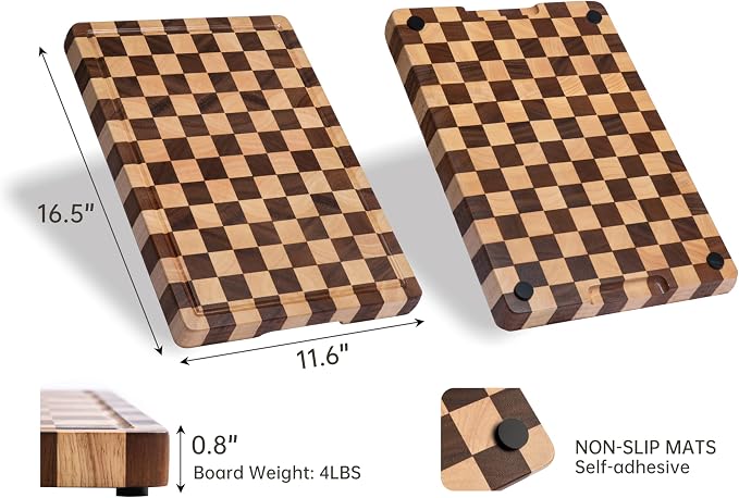 THETCHRY Cutting Boards for Kitchen, Checkered Wood Cutting Board, Walnut Chopping Board with Juice Grooves & Handles, Butcher Block Serving Tray with Gift Box 16" x 11" x 0.8"