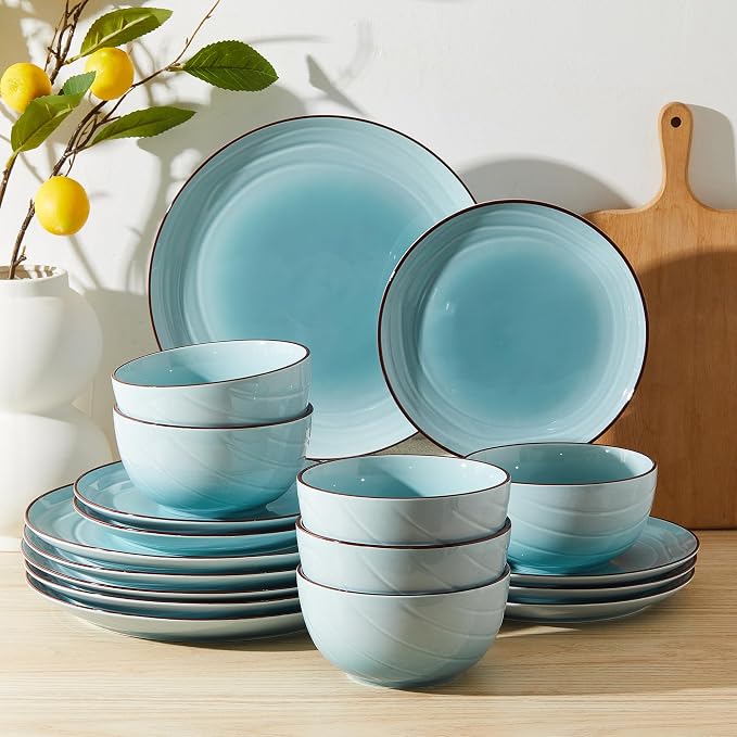 Sweese Porcelain Dinnerware Sets for 6, 18 Pieces Plates and Bowls Sets, Handcrafted Minimalist Dinner Set, Chip and Scratch Resistant Dish Set, Dishwasher & Microwave Safe, Gradient Blue
