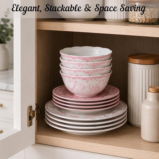 222 Fifth Adelaide Blush 12-Piece Pink Porcelain Dinnerware Set – Service for 4, Big Dinner Plates and Bowls Sets, White with Pink Floral Pattern, for Daily Entertainment, Microwave & Dishwasher Safe