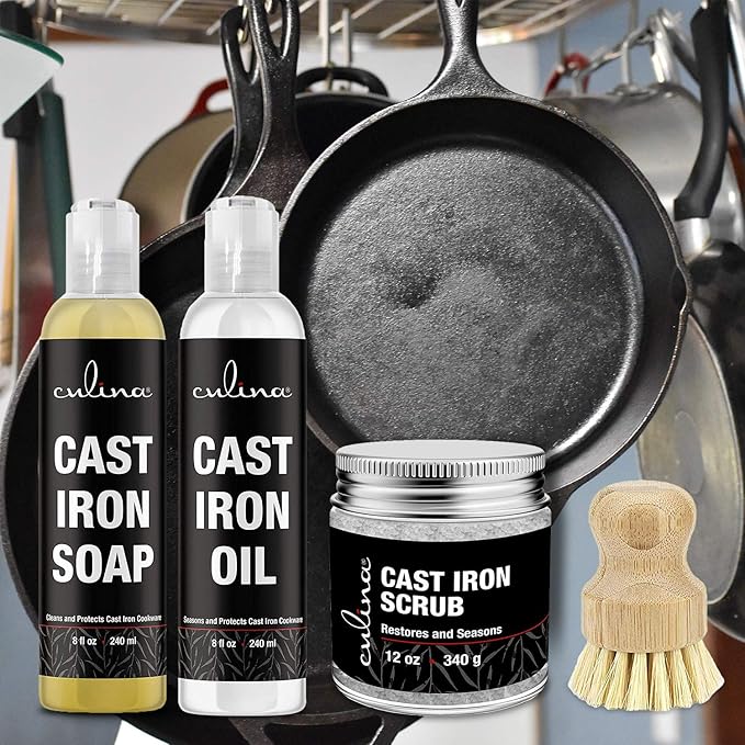 Culina Cast Iron Soap & Conditioning Oil & scrubbing salt & brush | All Natural Ingredients | Best for Cleaning, Non-stick Cooking & Restoring | for Cast Iron Cookware, Skillets