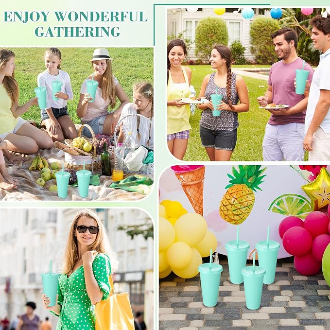 Honeydak 15 Pack Tumbler with Straw and Lid Bulk Cups for Gifts Glitter Plastic Coffee Cups 24-27 oz Reusable Water Bottle Iced Coffee Travel Mug Party Favors for Birthdays Travel (Mint Green)