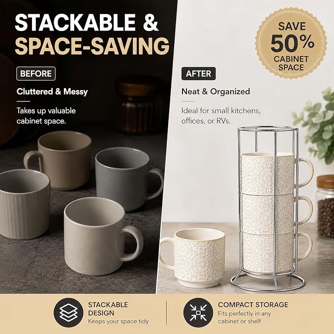 6 Oz Coffee Cups Set of 4, Stackable Espresso Cups with Metal Stand, Ceramic Cappuccino Cup, Embossed Coffee Mugs for Latte, Cocoa, Mocha, Tea, Housewarming Present, Dishwasher Safe