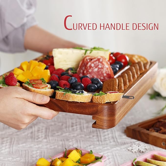hecef Pink Large Charcuterie Board Set with Stainless Steel Cheese Knives, Cheese Board Set Wooden Appetizer Platter for Housewarming, Weddings, Birthdays & More, Forks & Pull-Out Drawers