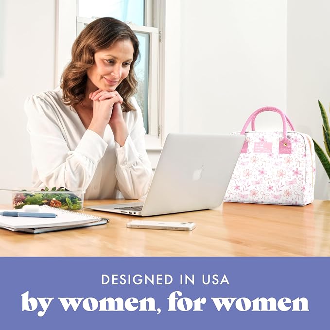 Fit & Fresh Bloomington Lunch Bag for Women - Insulated Large Lunch Box for Work with Containers, Leak-Resistant, Stain-Resistant, Zipper Closure, Sweet Floral Bows