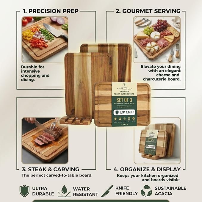 Acacia Wood Cutting Board Set of 3 with Stand (16"x12", 14"x10", 12"x8"), Edge Grain Charcuterie & Serving Boards with Juice Grooves & Handles
