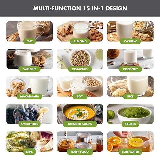 GreenPan 30oz Nut Milk Maker Machine, 15-in-1 for Homemade Almond, Oat, Soy, Coconut, Plant-Based Non-Dairy Beverages, Soups, BPA-Free Glass, Automatic Self-Clean, Delay Start, Gray
