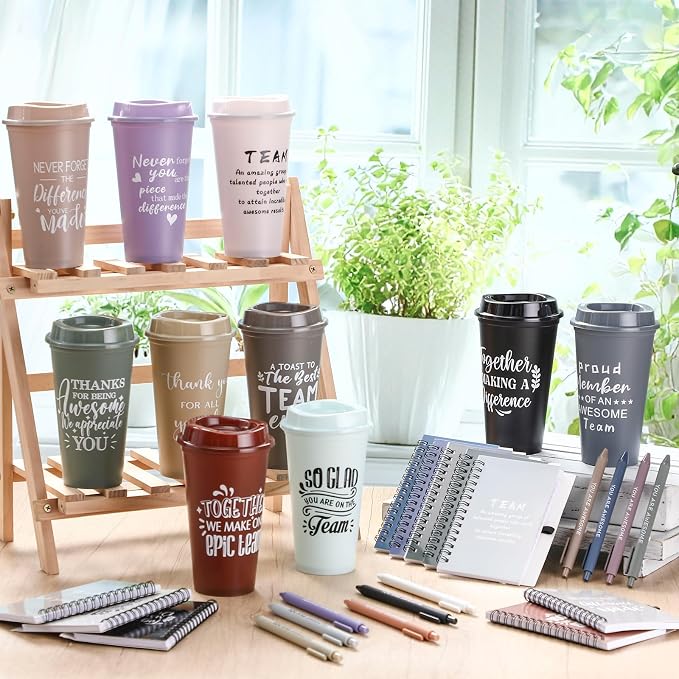 Teenyyou 60 Pcs Employee Appreciation Gift Set, 16oz Tumbler with Lid Notebook Pen Bulk Thank You Gift Holiday Party Favor for Teachers Office Coworker Teacher Staff Team (Dark Color,Delicate Style)