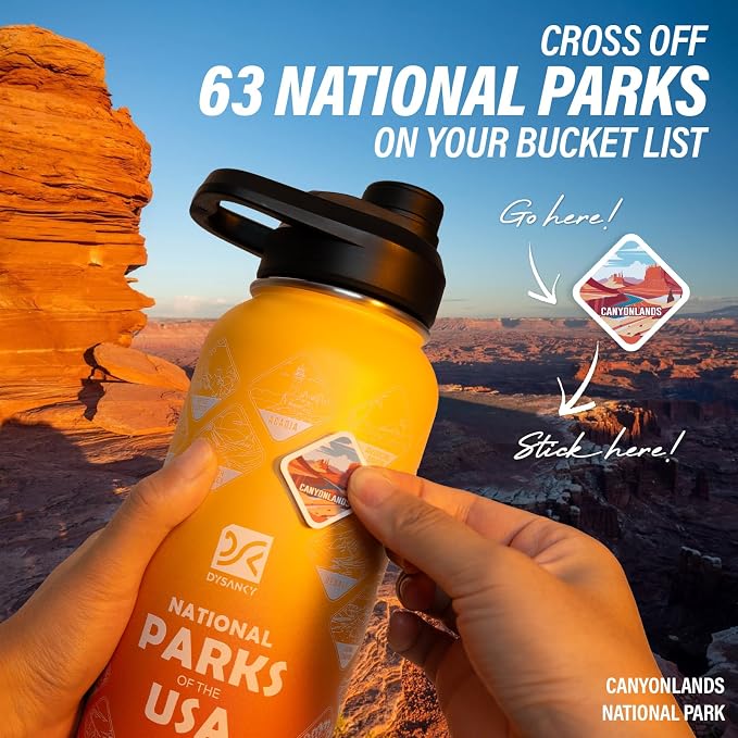 DYSANKY National Parks Water Bottle – 32 oz Insulated Stainless Steel Bottle with 63 Hand-Drawn Park Stickers, Carrier Bag, Strap & Gift Box – BPA-Free – Ideal for Hiking, Camping & Travel