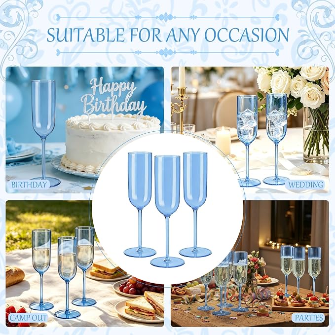 Plastic Champagne Flutes Set, 6oz Unbreakable Champagne Glasses Bulk, Shatterproof Reusable Mimosa Prosecco Sparkling Wine Cups for Wedding Party (Blue, 24pcs)