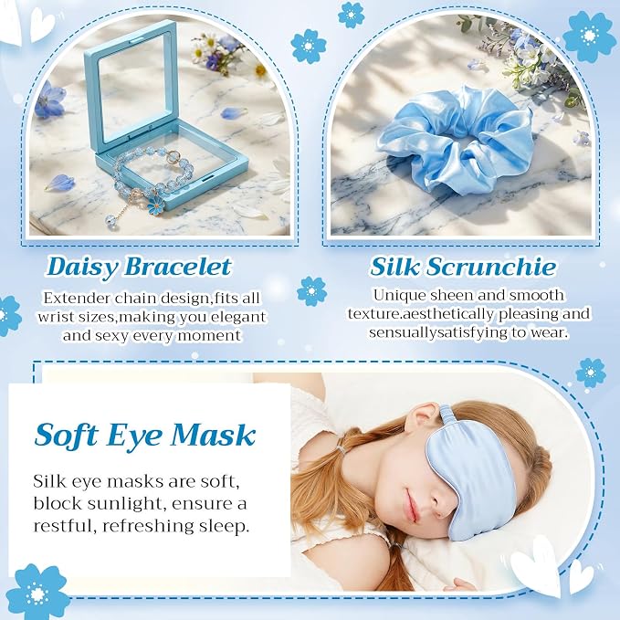 Vesici 73 Pcs Spa Sleepover Party Supplies Bulk Women 8 Sets Slumber Birthday Bridesmaid Gift Crochet Flower Glass Cup Eye Mask Hair Ties Gift Bag Bracelets Scrunchies Headband(Cherry Blossoms,Blue)