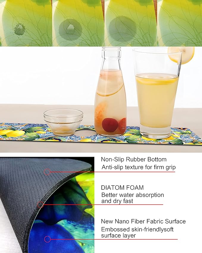 Kitchen Sink Splash Guard Faucet Mat Super Absorbent Fast Drying Mat Sink Gadgets Splash Guard Behind Faucet Drip Catcher for Kitchen (Lemon, 15x5.5in)