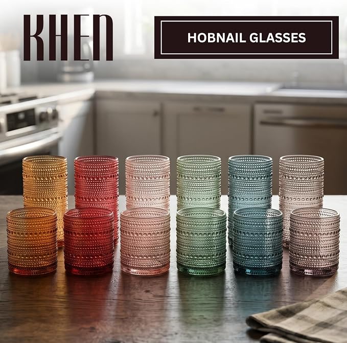 Khen Hobnail Beaded Highball Drinking Tumbler Glasses | Set of 12 | Color, Vintage Bubble Design Whiskey Glassware, Old-Fashioned, Embossed Design for Water, Wine, Cocktail Embossed, Rocks Glass