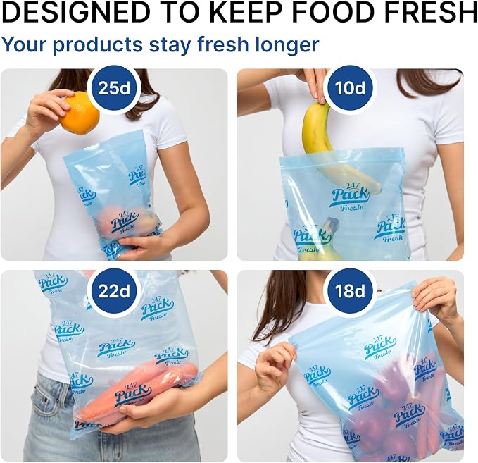 Freshpack 247 Reusable Produce Bags Size L 12 x 14 in, 1.5 Gallon 20 Pack Green Produce Bags for Fruits and Vegetables, Food Storage Bags With Zipper, Helps Keep Produce Fresh, Pantry Meal Prep