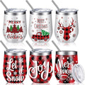 Ziliny 6 Pieces Christmas Wine Tumbler 12 oz Xmas Insulated Stainless Steel Wine Cups with Lid and Straw Funny Coffee Mugs with Brush for Holiday Wedding Party Gifts(Plaid Style)