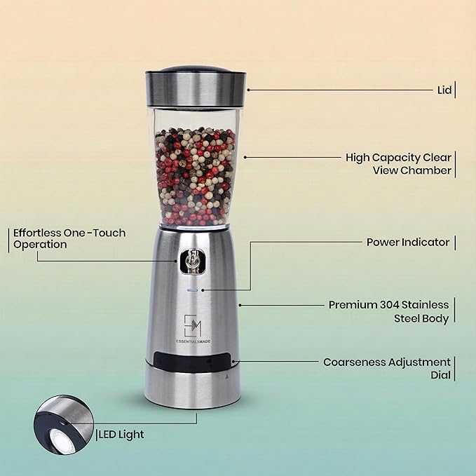 Electric Salt and Pepper Grinder Set – Rechargeable Stainless Steel Mills – Upgraded 800mAh Battery, Large 200ml Capacity, & 5 Adjustable Coarseness Levels – Kitchen Seasoning Tools
