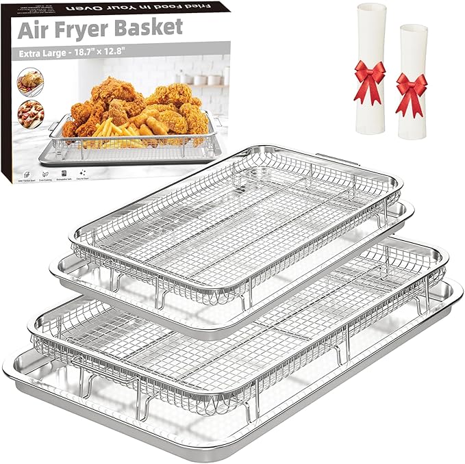 Air Fryer Basket for Oven, 2 Set Air Fryer Pan and Cripy Tray Set with 60 PCS Parchment Papers, THORSES Thickened Stainless Steel NonStick Air Fryer Basket and Pan (18.8"x12.8"&14.88" × 10.98"）