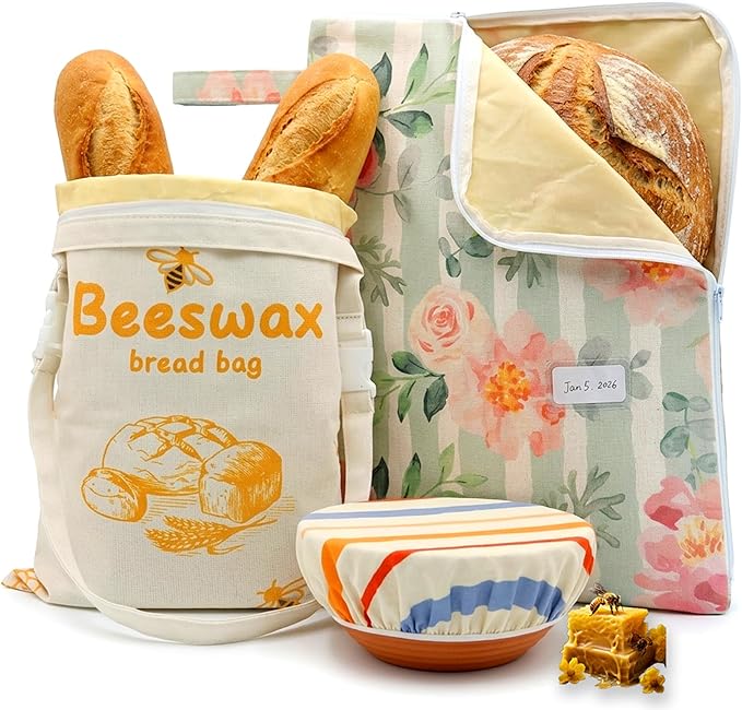 Reusable Beeswax Bread Bags for Sourdough – XXL Large Bread Storage Bag with L-Shape Wide Zipper & Detachable Shoulder Strap, Set of 2 + Cotton Linen Bowl Cover for Homemade Bread