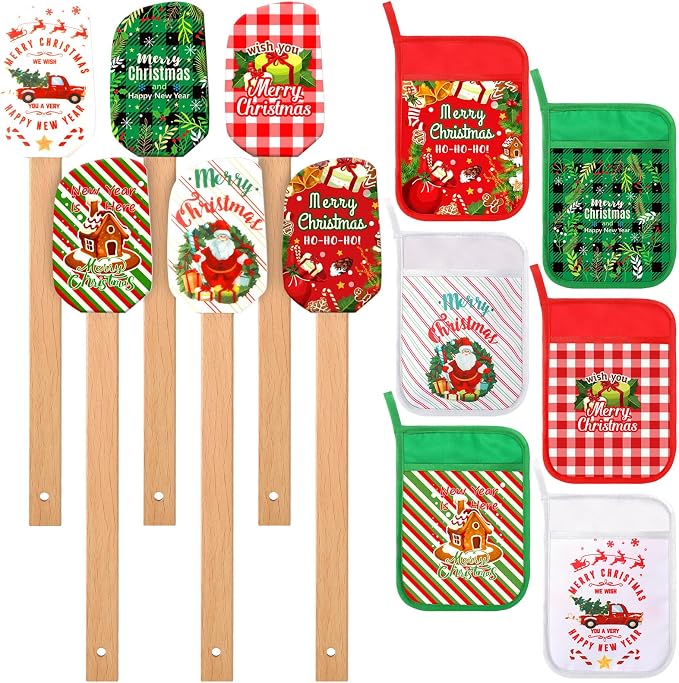 Zhehao 12 Pcs Christmas Silicone Spatulas Pot Holders Set Heat Resistant Pot Holders with Pocket Baking Gifts for Christmas Gift Party Supplies (Fresh Christmas Style)